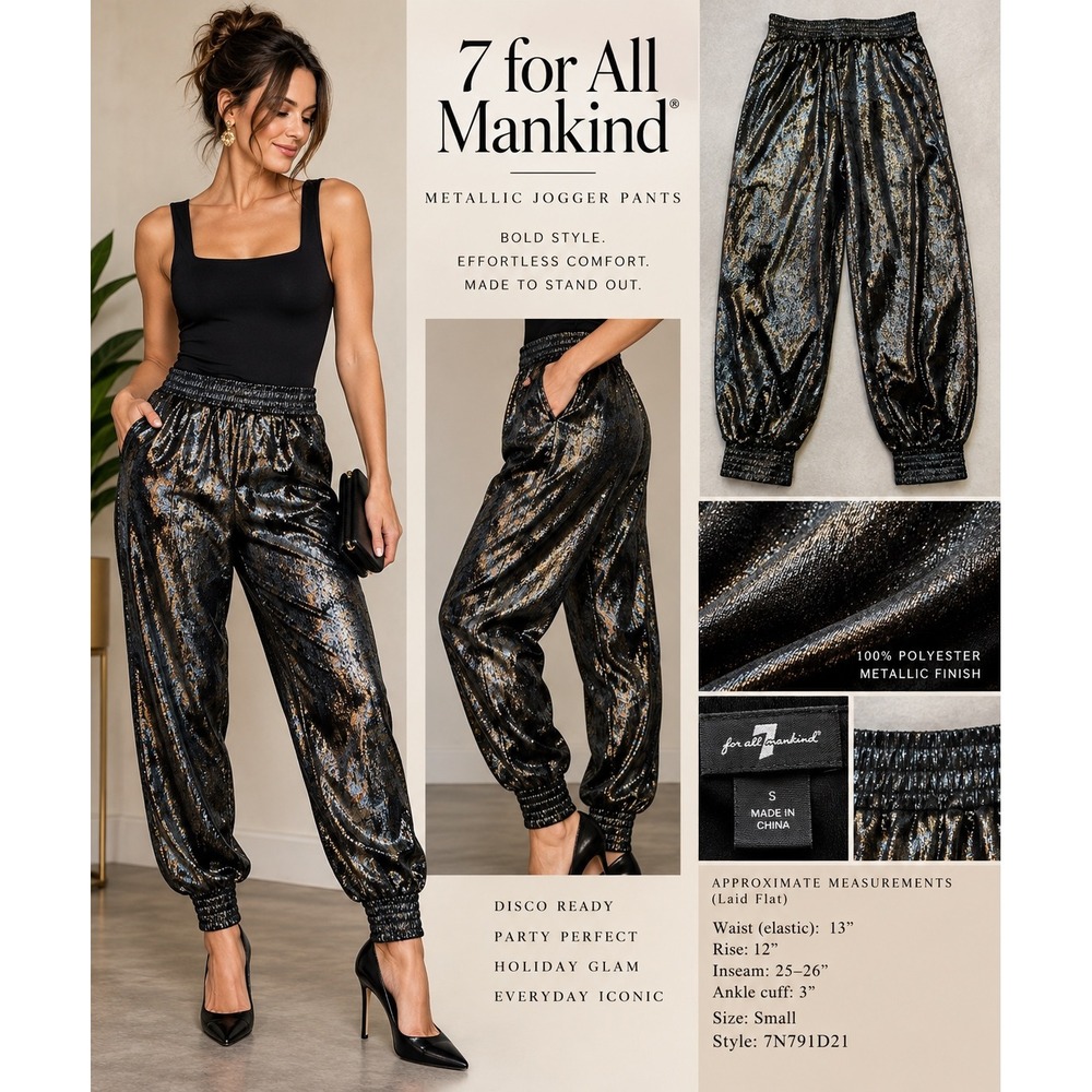 7 For All Mankind Metallic Jogger Pants Harem Party Black Shimmer 7N791D21 Small